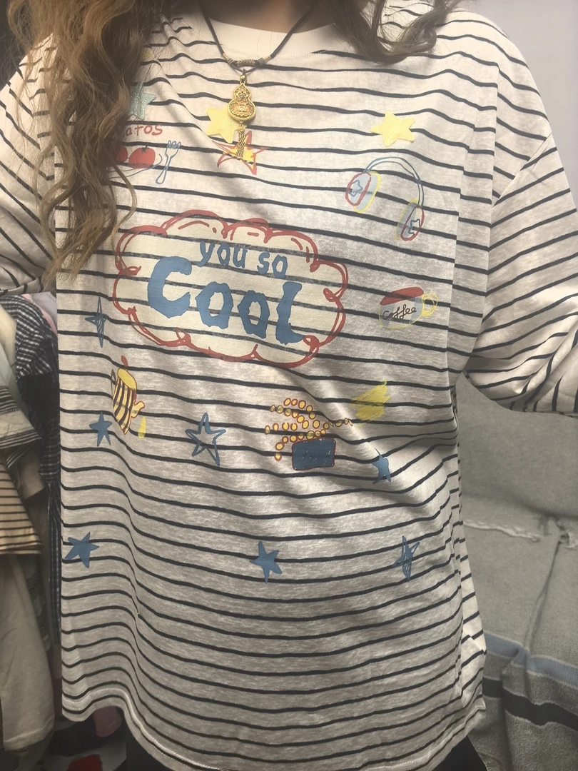 圆领卡通宽松型丹宁风长袖T恤静奢风防晒