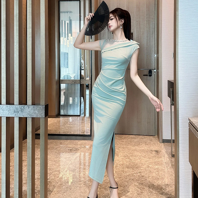 夏季高腰修身无袖中长款长裙法式常规抹胸型H型裙连衣裙31197