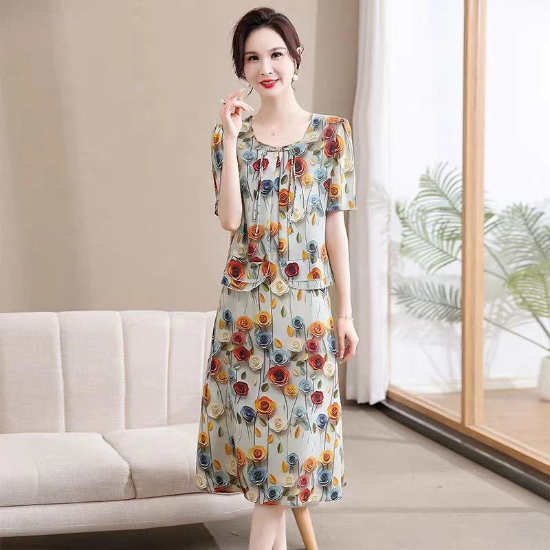 9781-夏季新款假二件中长款时尚洋气显气质妈妈装连衣裙女（A仓）