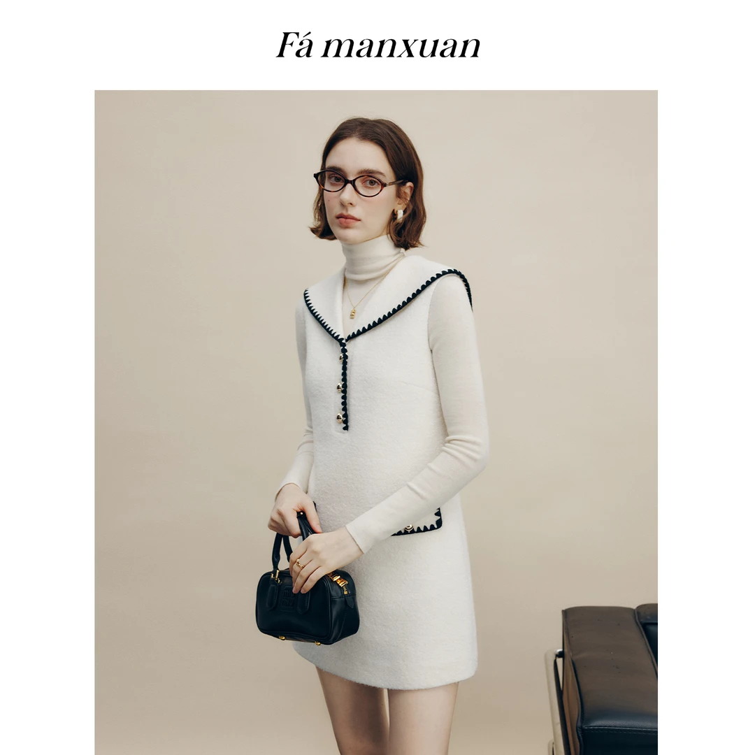 法曼萱法式航海系海军领羊毛圈圈呢背心裙女冬季白色贝壳绣连衣裙