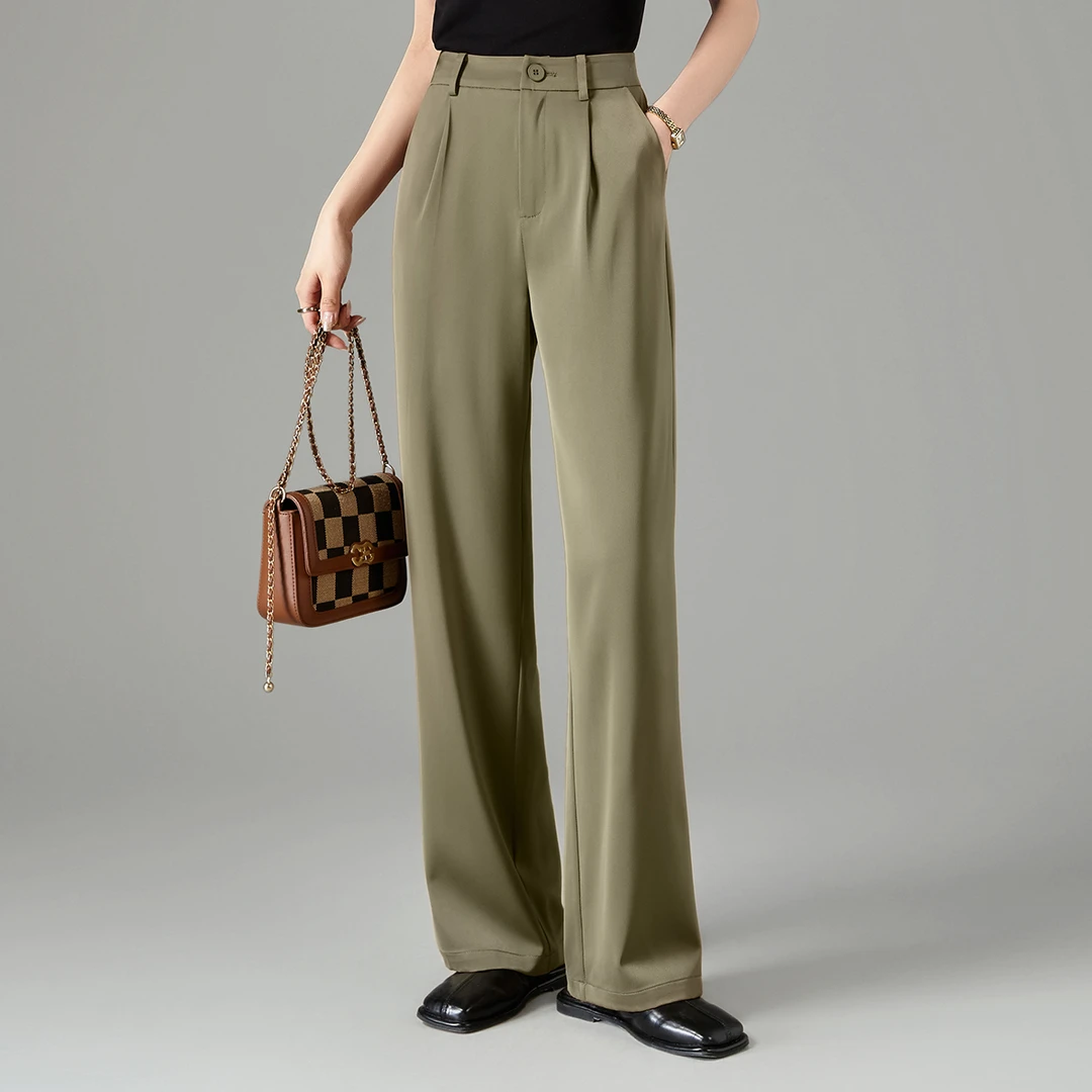XWI/欣未凉爽垂感显瘦阔腿裤2025夏舒适高腰橄榄绿休闲裤07993