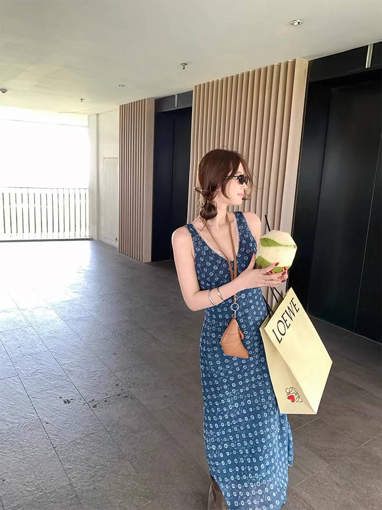 灰灰呀！米洛斯游记 韩系V领拼接收腰碎花连衣裙女春夏无袖背心裙