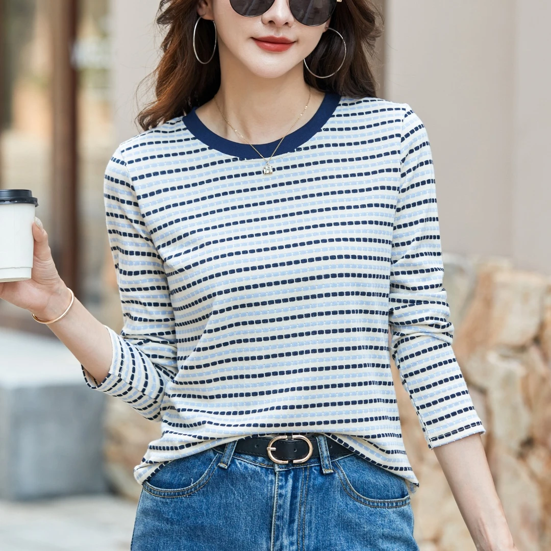 高级感百搭条纹女装长袖t恤2025新款春秋季休闲时尚洋气正肩上衣
