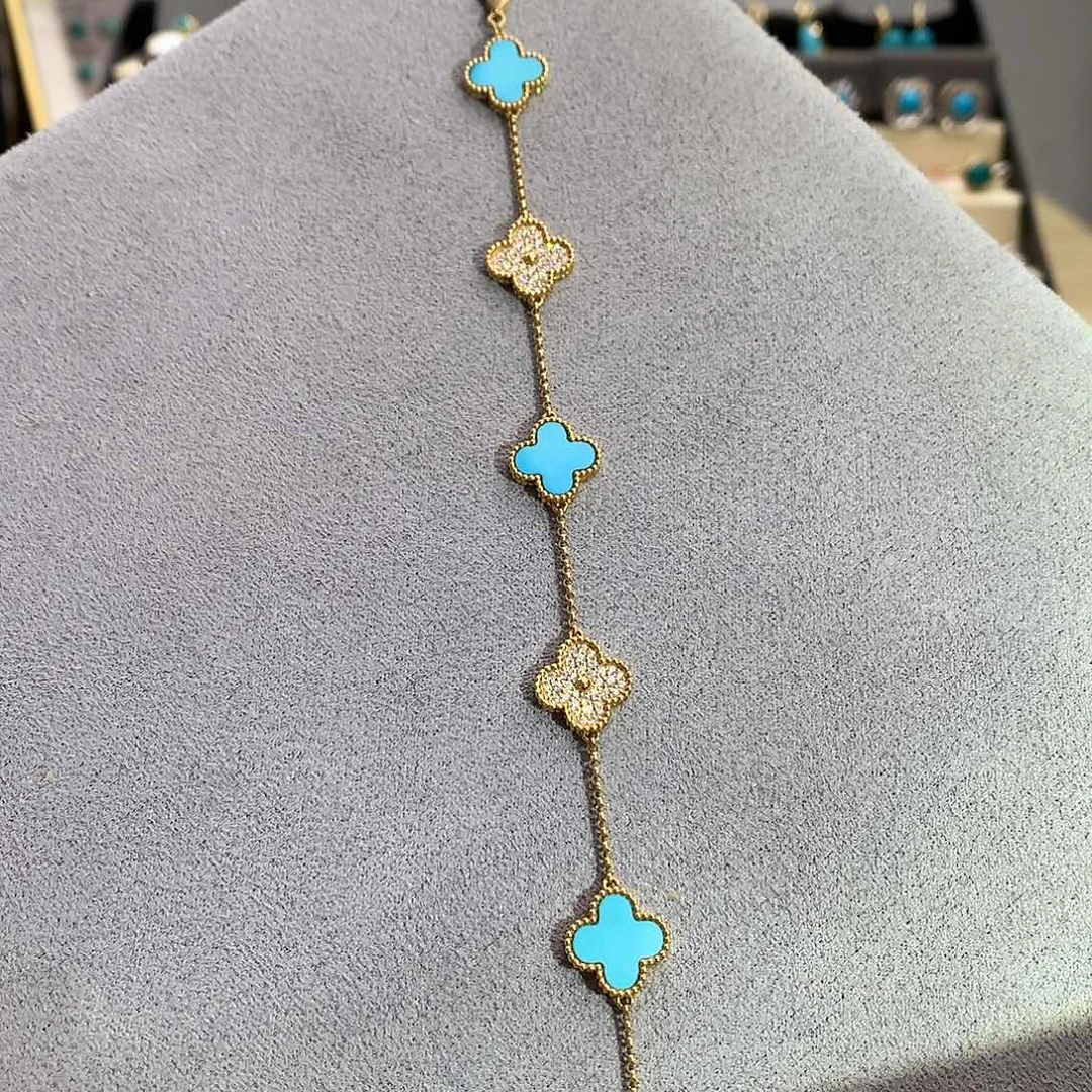 18K金镶嵌绿松石高定款四叶草手链