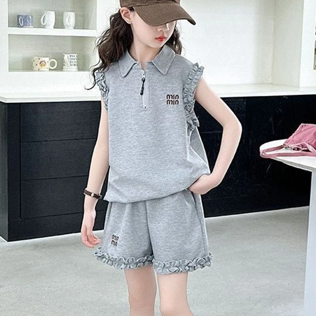 女童套装儿童POLO衫短裤两件套翻领短袖T恤五分裤小女孩甜美夏装