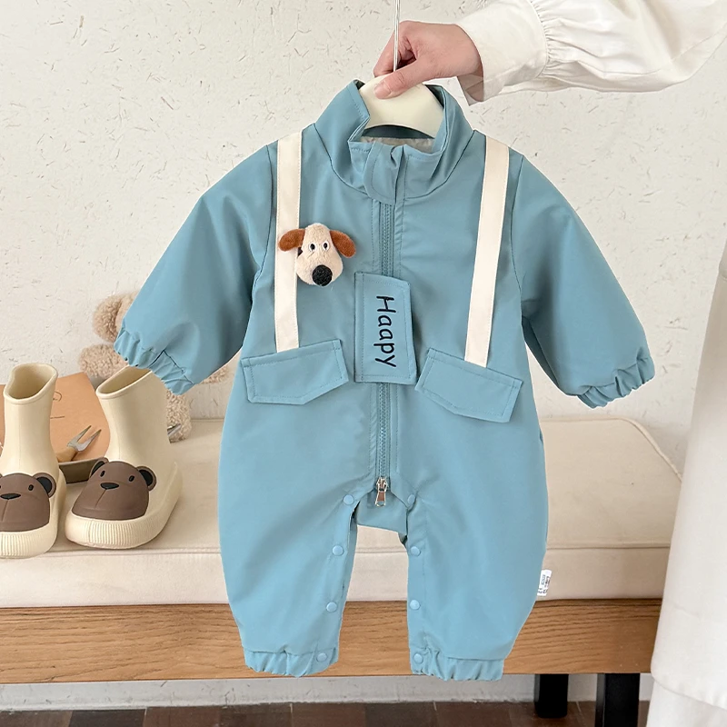 婴儿秋装连体衣2025新款男女宝宝潮流冲锋衣服双拉链秋季可爱外套