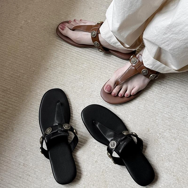 手工2025新夏季复古夹趾拖鞋女金属丁字带一脚蹬平底沙滩鞋凉拖鞋