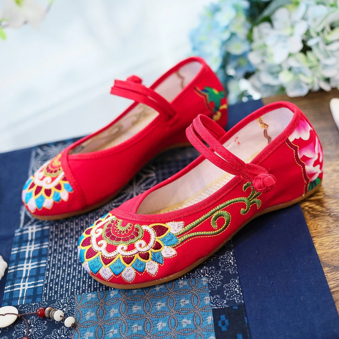 【锦绣江南】民族风国风帆布绣花布鞋女鞋单鞋一字扣低跟妈妈鞋