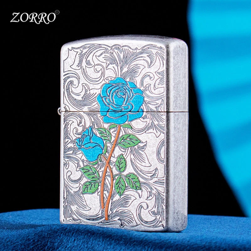 佐罗古银蓝玫瑰高颜值砂轮个性铜机防风古银玫瑰男生礼物