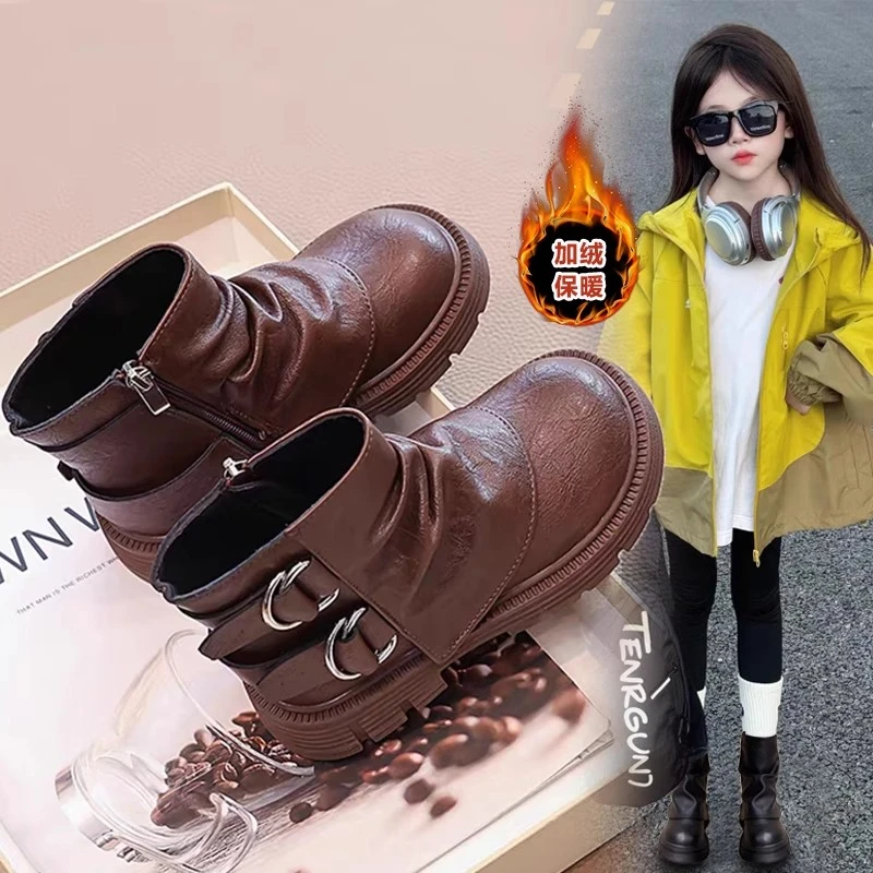 ABC女童马丁靴2025秋冬季儿童加绒保暖棉靴英伦风中大童皮面短靴