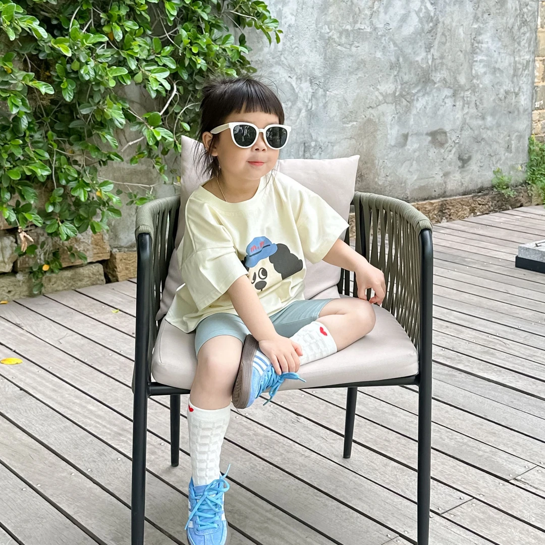《小思家》女童2025夏季休闲百搭卡通短袖T恤纯色骑行短裤套装