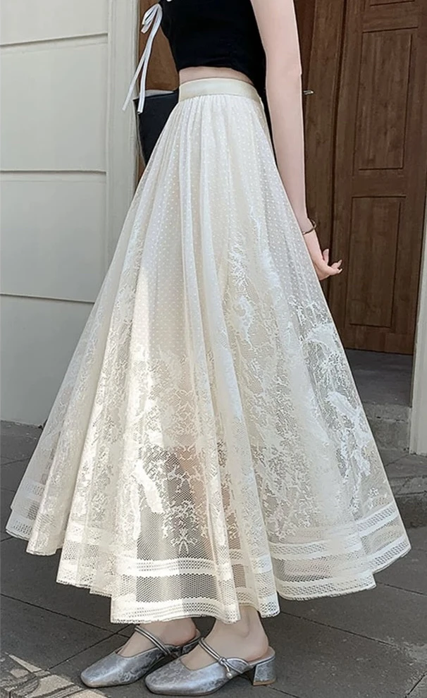 【树叶】正反两穿蕾丝网纱大摆半身裙A字显瘦仙女裙白色中长裙夏款