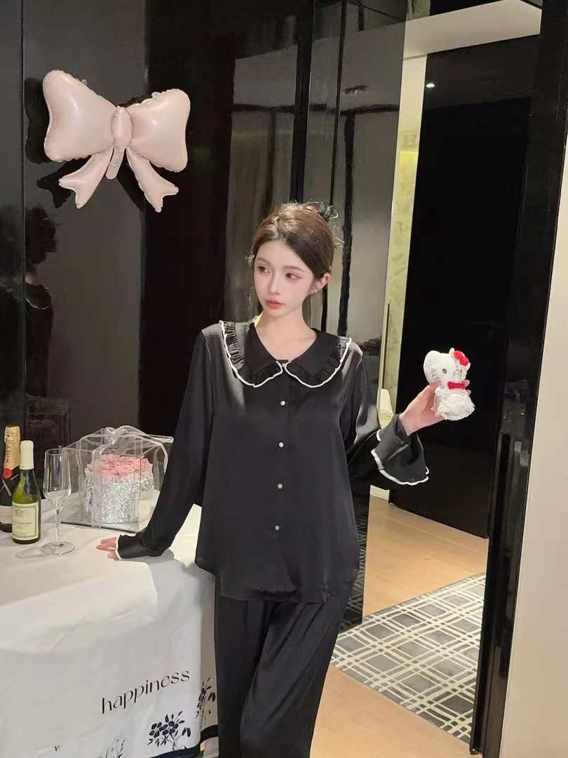 夏季睡衣女甜美公主风皱布开衫长袖长裤套装可外穿两件学生家居服