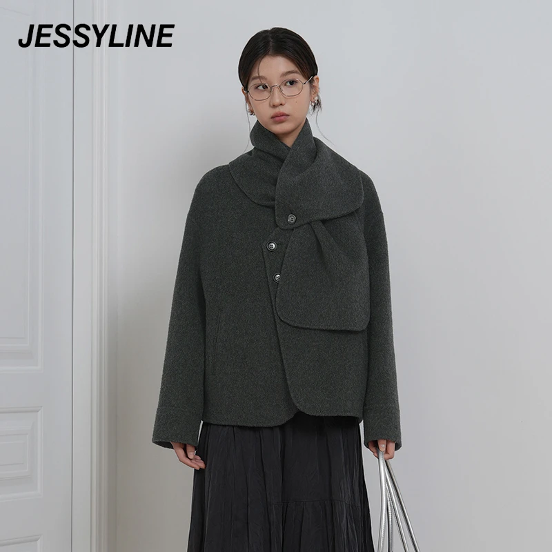 jessyline冬季新款女装 杰茜莱深灰色羊毛呢外套女 442205041