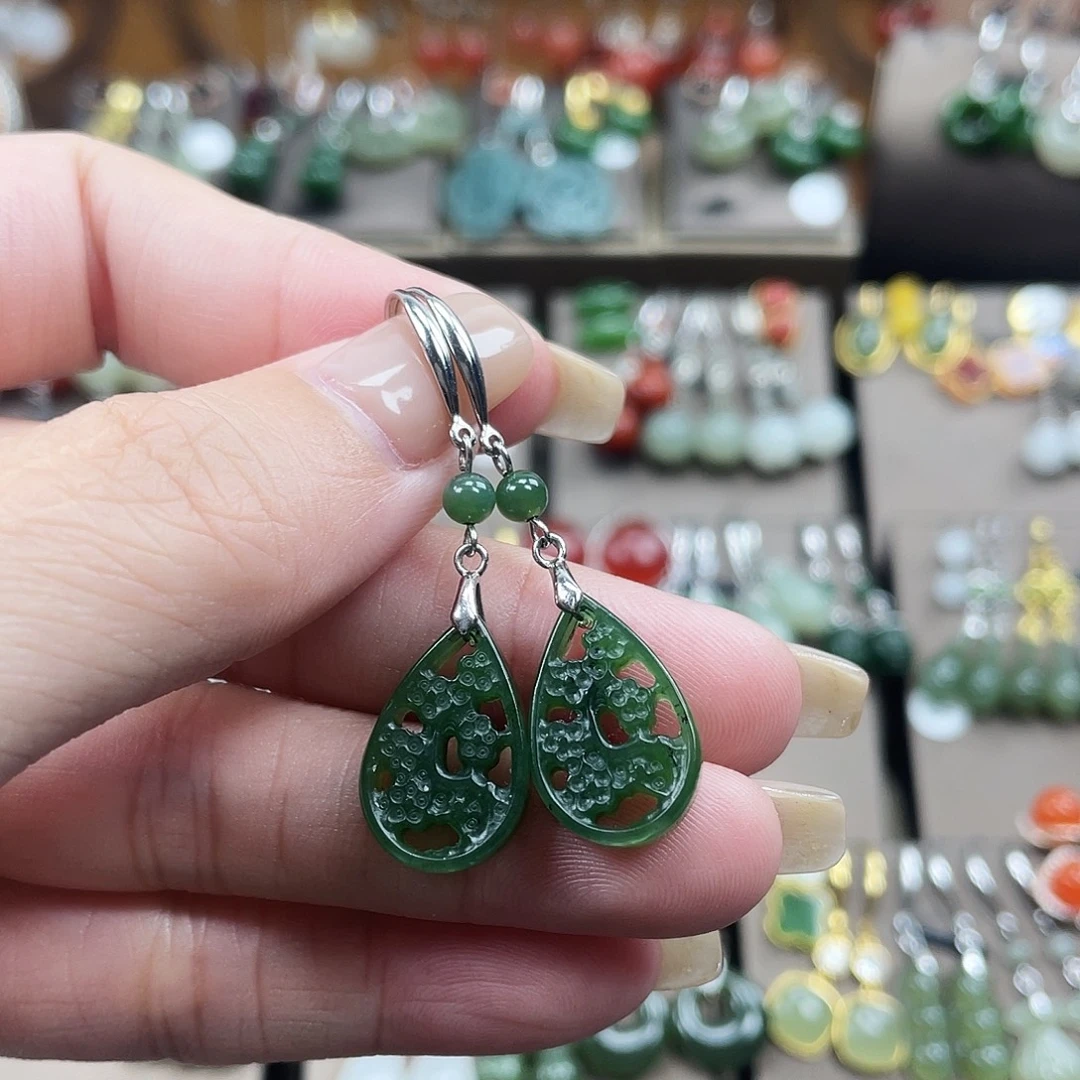 和田玉银S925镶嵌耳饰