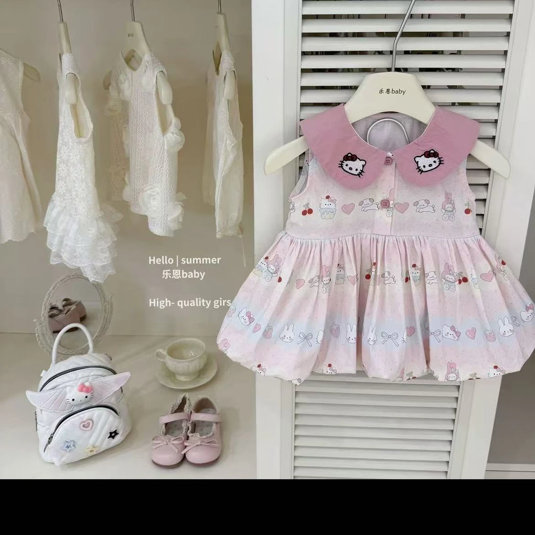 原创可爱风女童夏季粉色卡通花苞裙洋气宝宝背心裙子