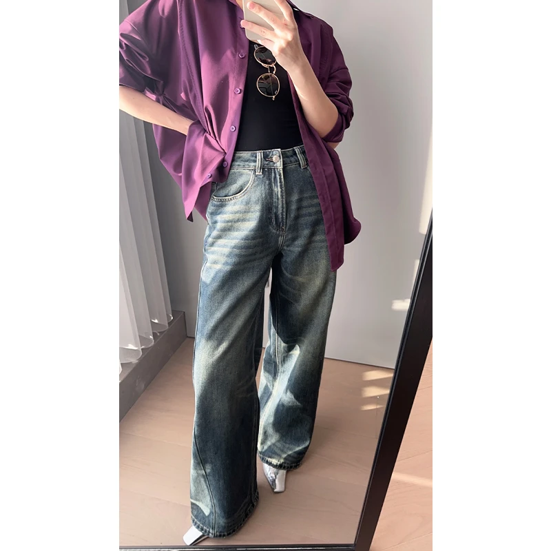 美洋MEIYANG【60系列】纳米蓝牛仔裤灰蒙洗水猫须做旧直筒阔腿裤