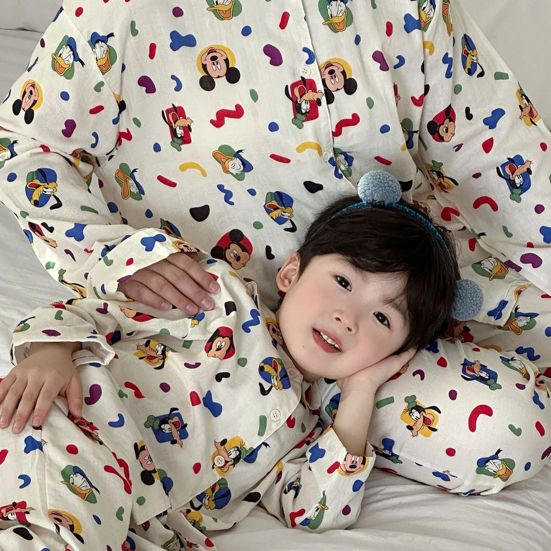 儿童秋季新品亲子a类纯棉双层纱布男女童长袖家居服宝宝睡衣