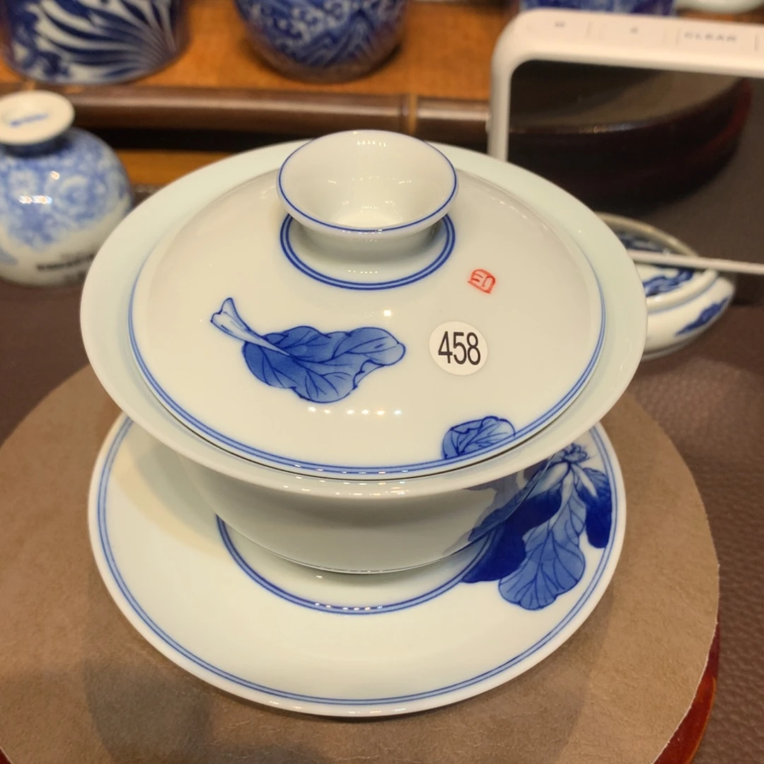 牛***蝇陶458青花白菜盖碗一个wls103