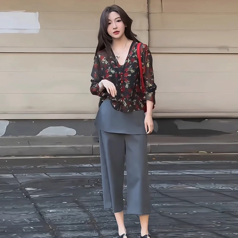 拉夏贝尔时尚套装女2025夏季新款碎花衬衫阔腿裤气质显瘦两件套潮