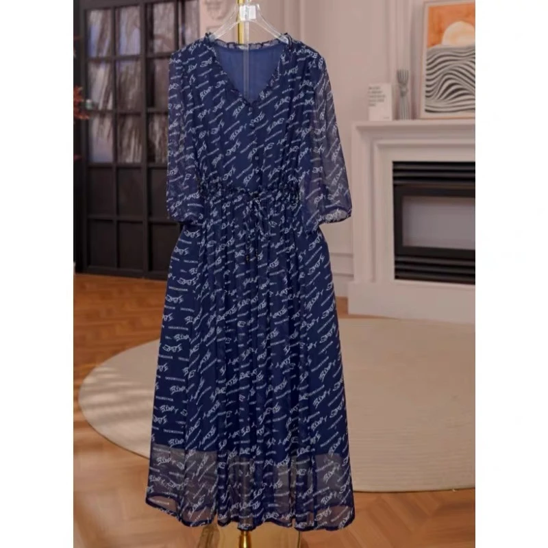（宝蓝色款）夏季V领2025年扎染时尚显瘦高腰连衣裙3-129