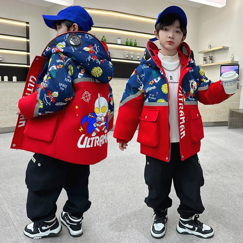 巴拉开门奥特曼男童服2026新款冬季中长款冬装加厚男孩外套儿童棉