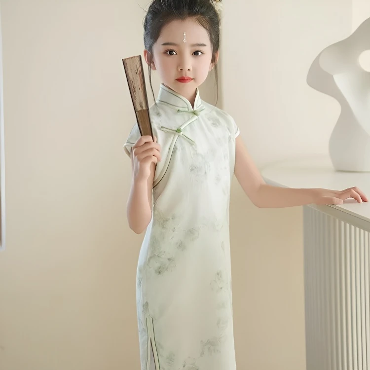 戴维贝啦女童旗袍夏季薄款中国风连衣裙小女孩夏装洋气绿色演出服