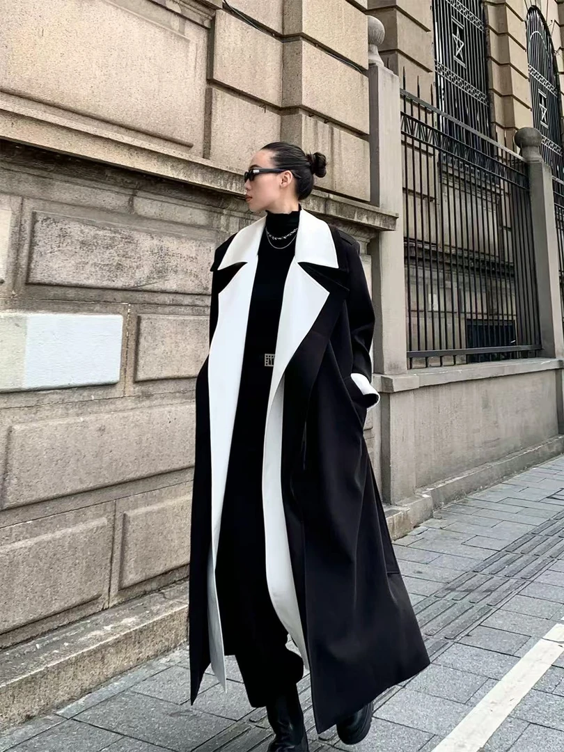 大码胖妹妹撞色领假两件风衣女款2025新款秋季长款大衣外套2602