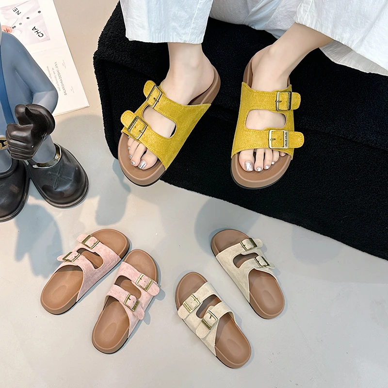 拼色韩版休闲时尚一字拖ins圆头平底复古拖鞋女外穿百搭小众鞋子