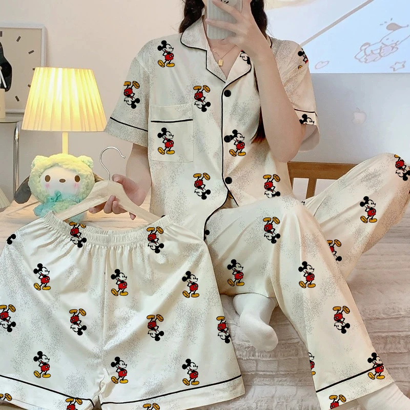 【米奇】休闲睡衣夏季套装女薄款卡通印花短袖三件套网红风家居服