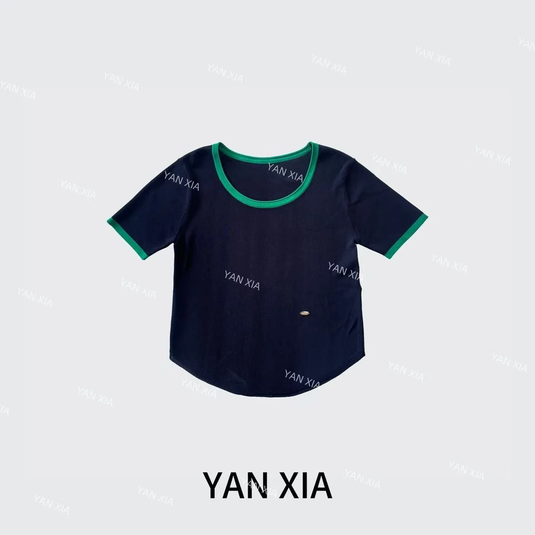 多巴胺女孩穿搭~U领拼色宽松显瘦撞色重工短袖 T222款