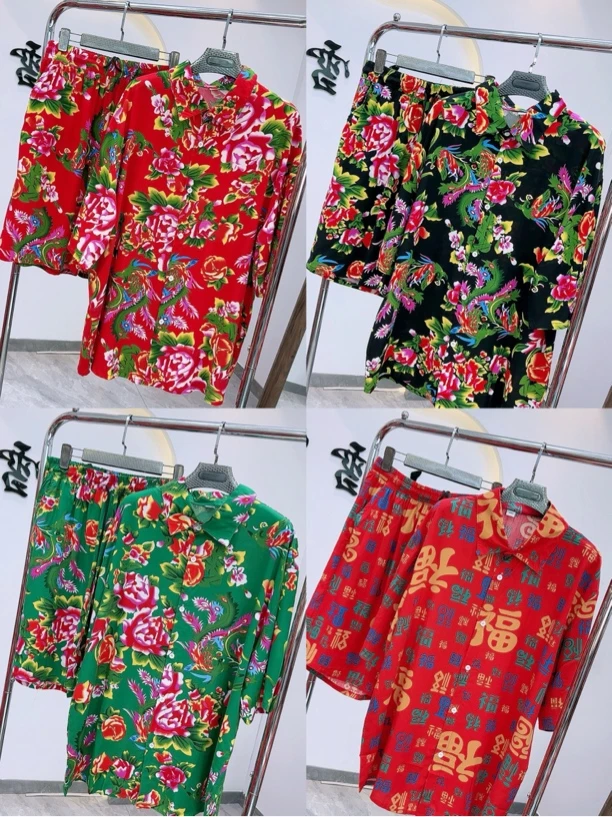 夏季东北大花男款棉绸人棉衬衫短裤套装民族风加肥加大两件套