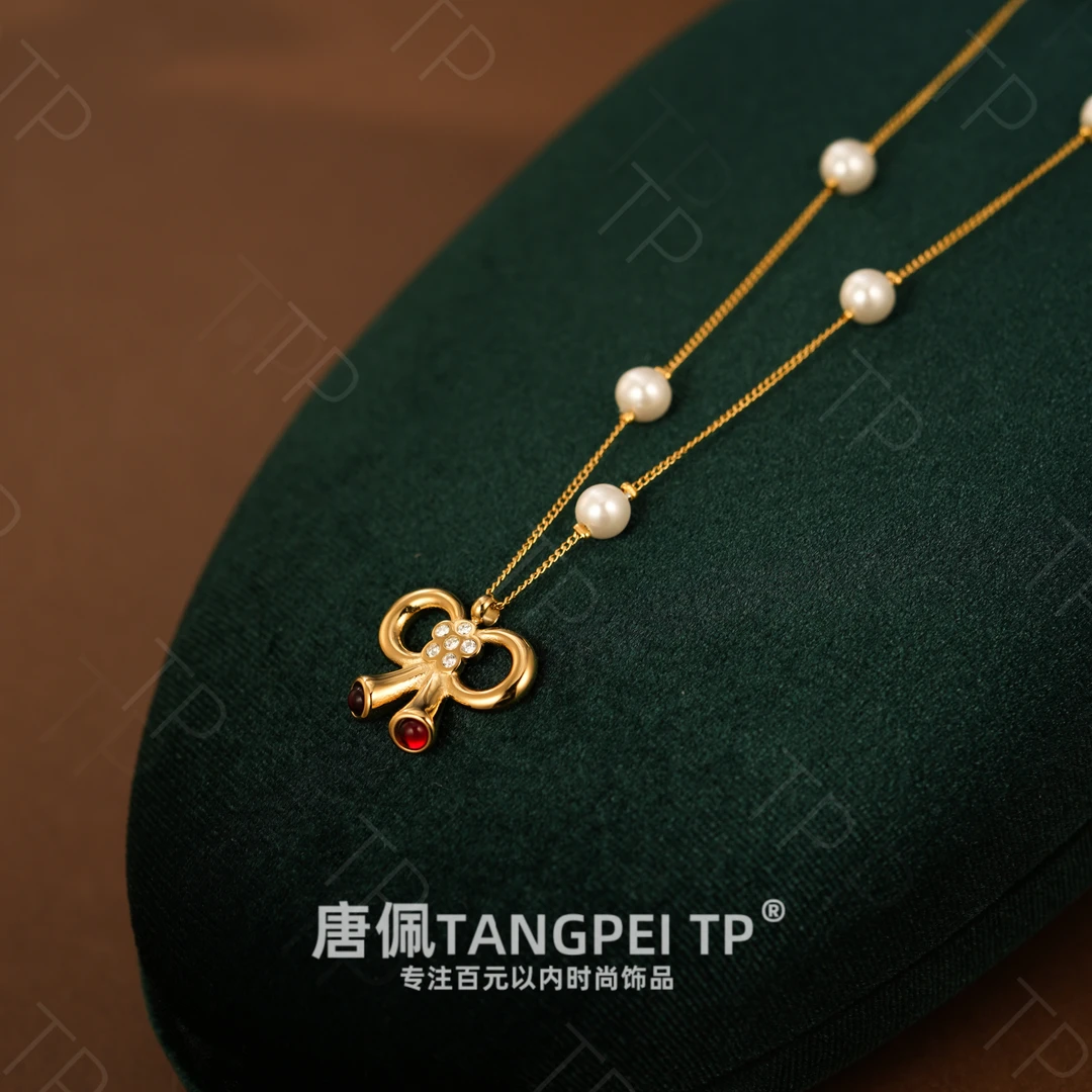 不锈钢项链 设计感甜美风隔珠蝴蝶结项链小众气质时尚饰品