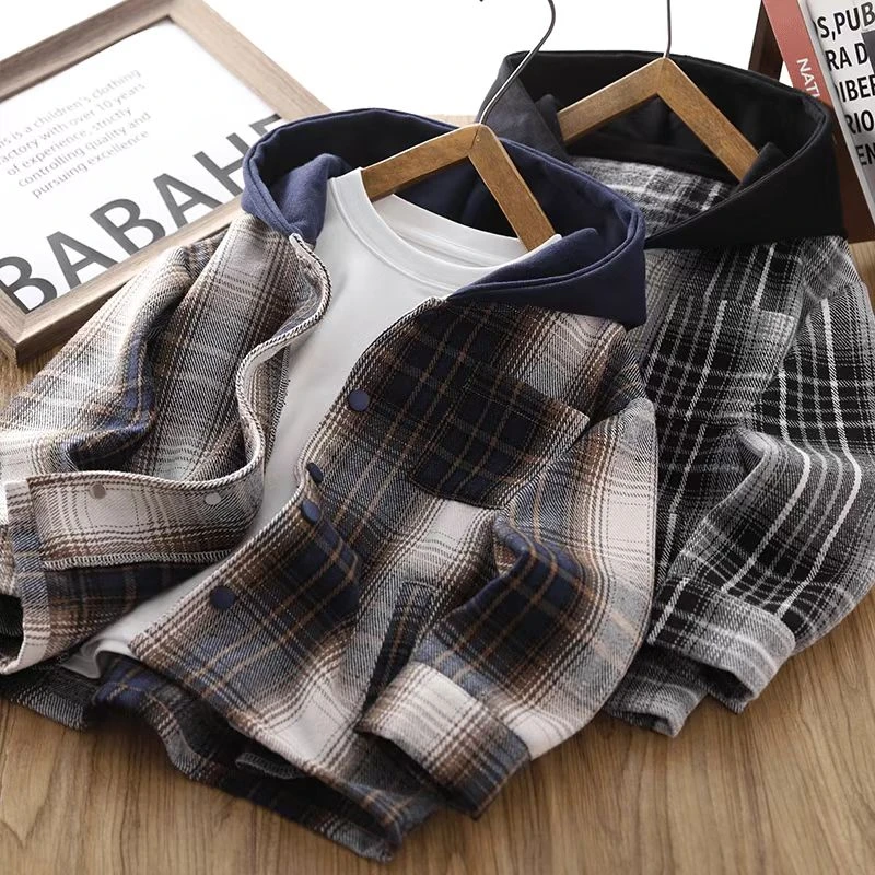 【实体品质】2025初秋新款儿童格子衬衫中大童衬衣薄款痞帅连帽外套