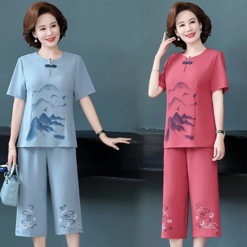 2025夏装新款时尚国风妈妈装套装休闲宽松印花民族风中老年套装