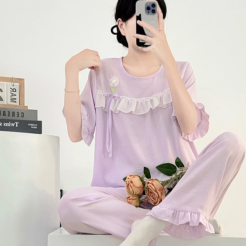 春秋季2024年长袖睡衣女生结蕾丝边甜美公主风宽松家居服套装