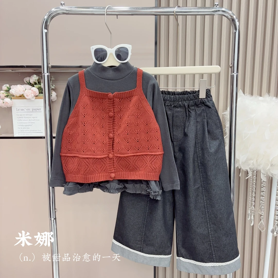 2025秋季新款毛衣马甲打底衫牛仔三件套女童时尚韩版套装68002