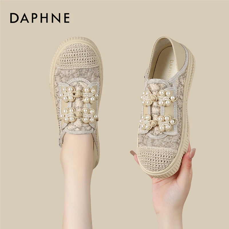 达芙妮厚底渔夫鞋女2025新款一脚蹬平底小香风春季网面单鞋女鞋子