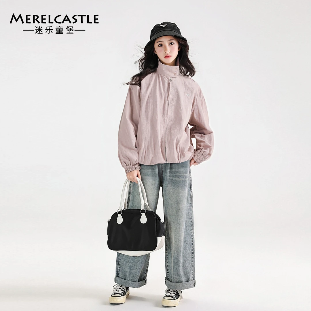 C4665女童洋气纯色翻领外套2025秋装新款青少年时尚休闲拉链衫