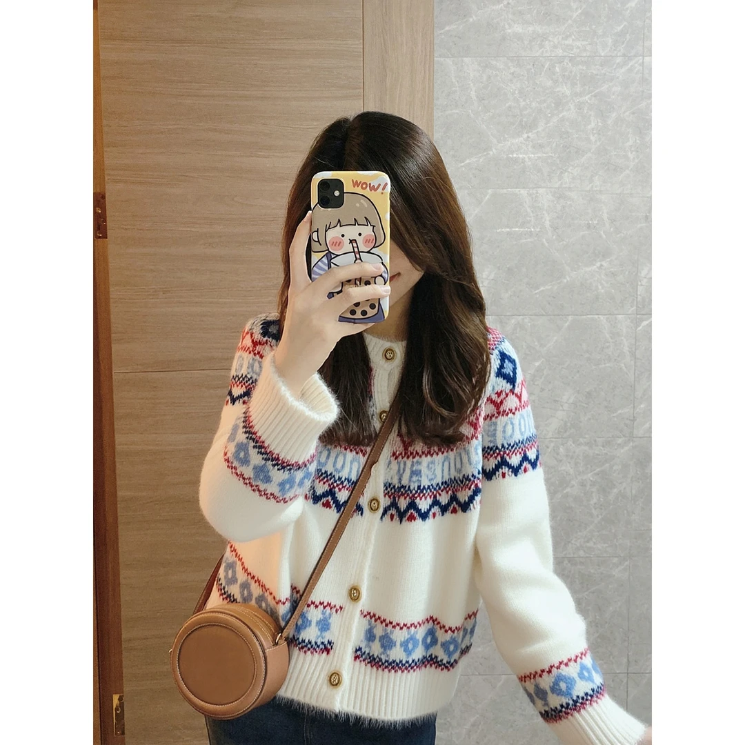 设计感复古撞色提花毛衣外套女2025秋冬新款宽松显瘦百搭针织开衫