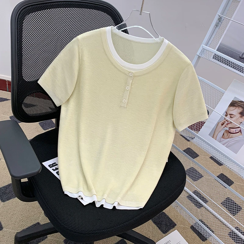 春夏新款韩版简约百搭韩系拼接假两件短袖T恤针织衫上衣女