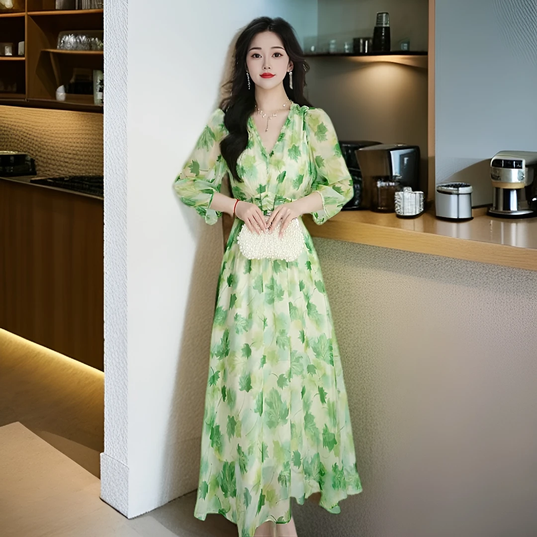 【千羽定制】高端碎花连衣裙2025年夏季中长款收腰显瘦海边度假裙子