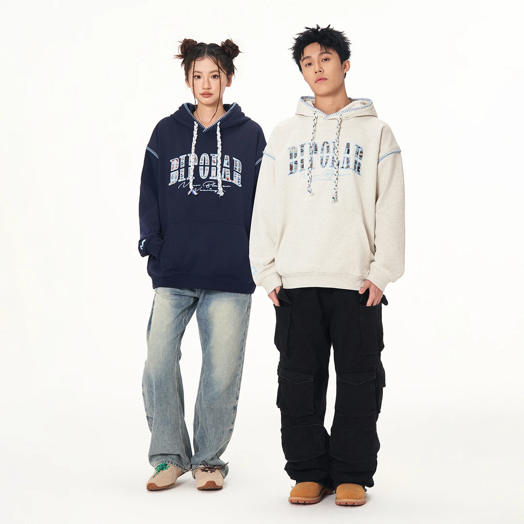 BIPOLAR浅蓝民族卫衣贴布连帽美式休闲卫衣cleanfit卫衣18C493