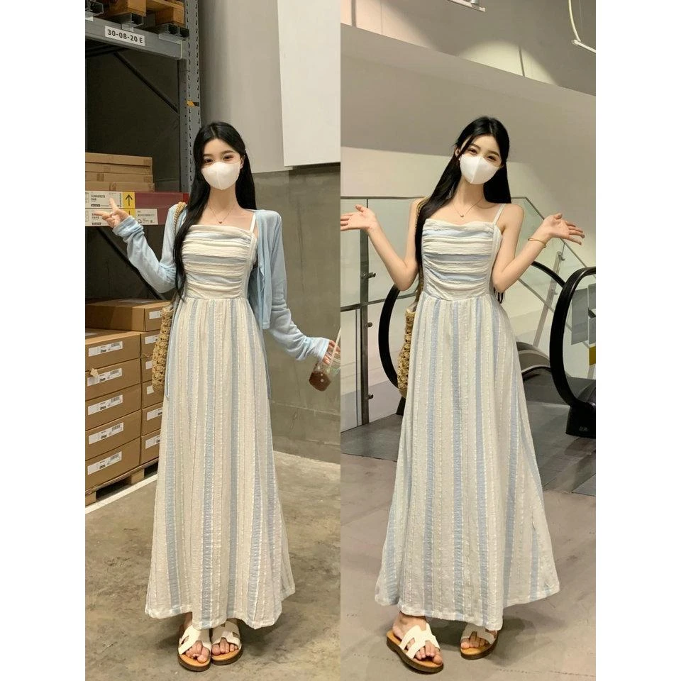 大码2025春夏季新款度假风方领气质显瘦条纹连衣裙长款套装
