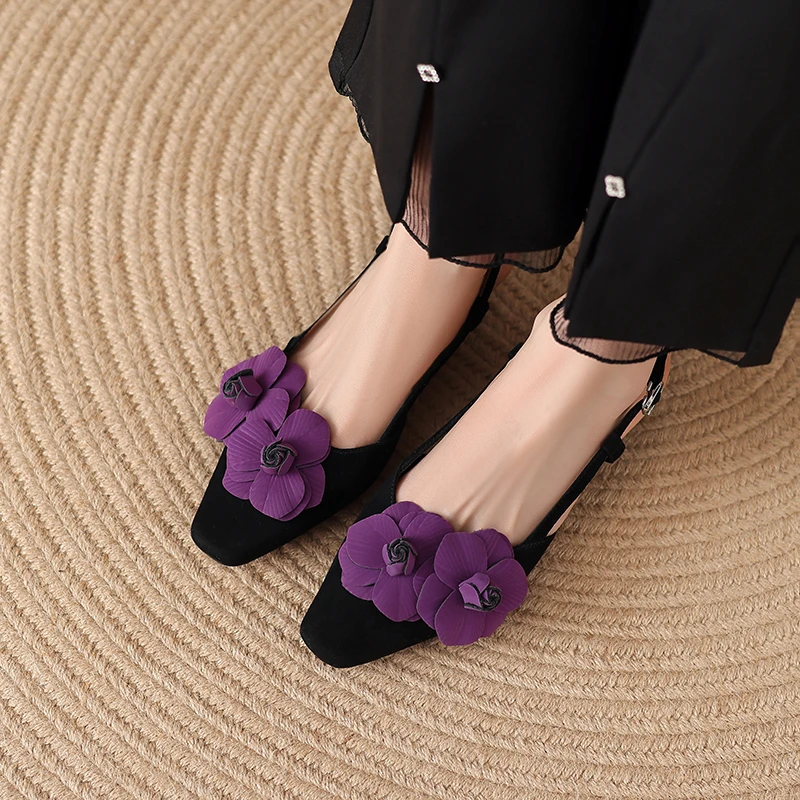 25新款不累脚百搭包头鞋羊皮法式高档次压纹山茶花真皮凉鞋JGX