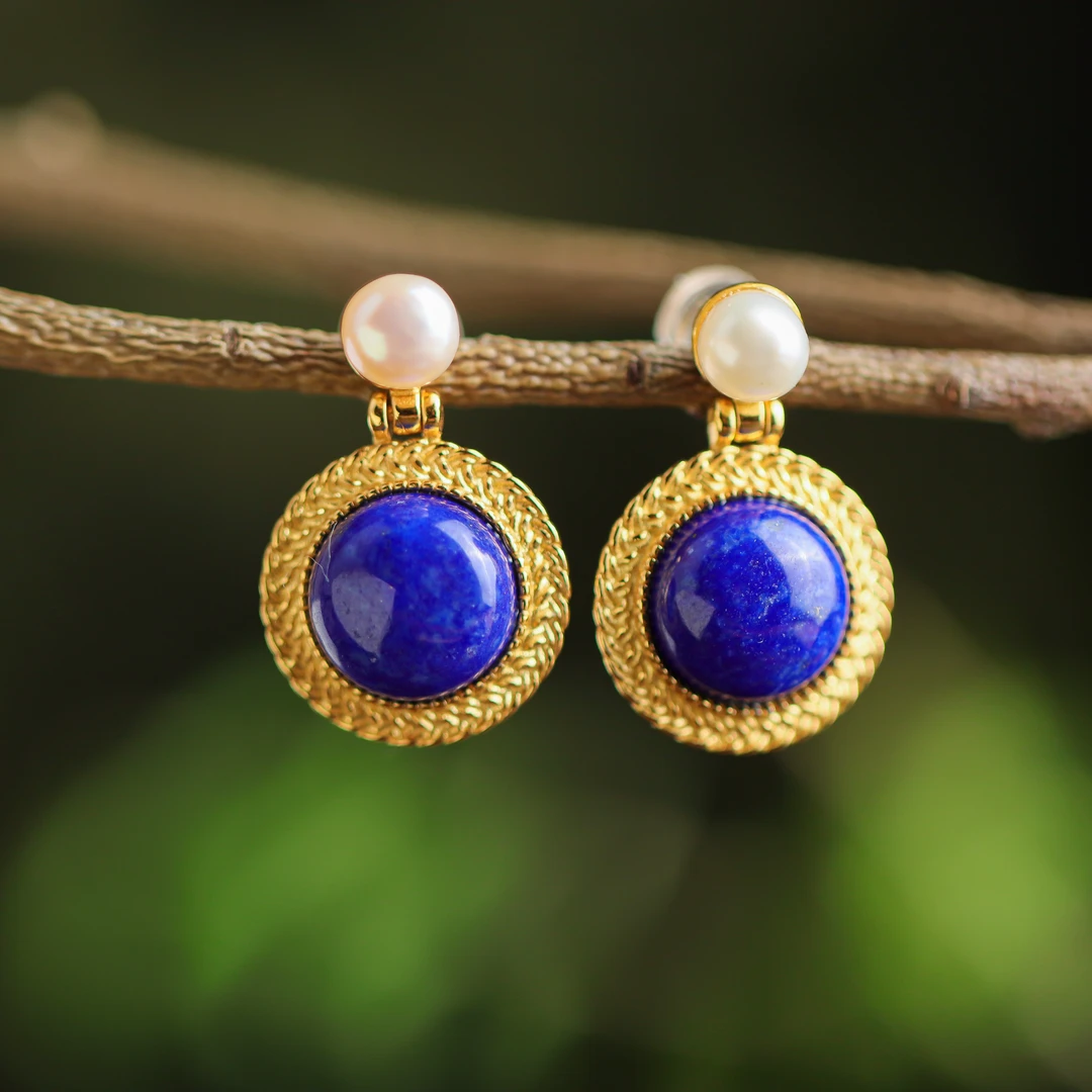 S925银银镀金镶嵌青金石蛋面时尚百搭潮流个性女款耳钉耳坠