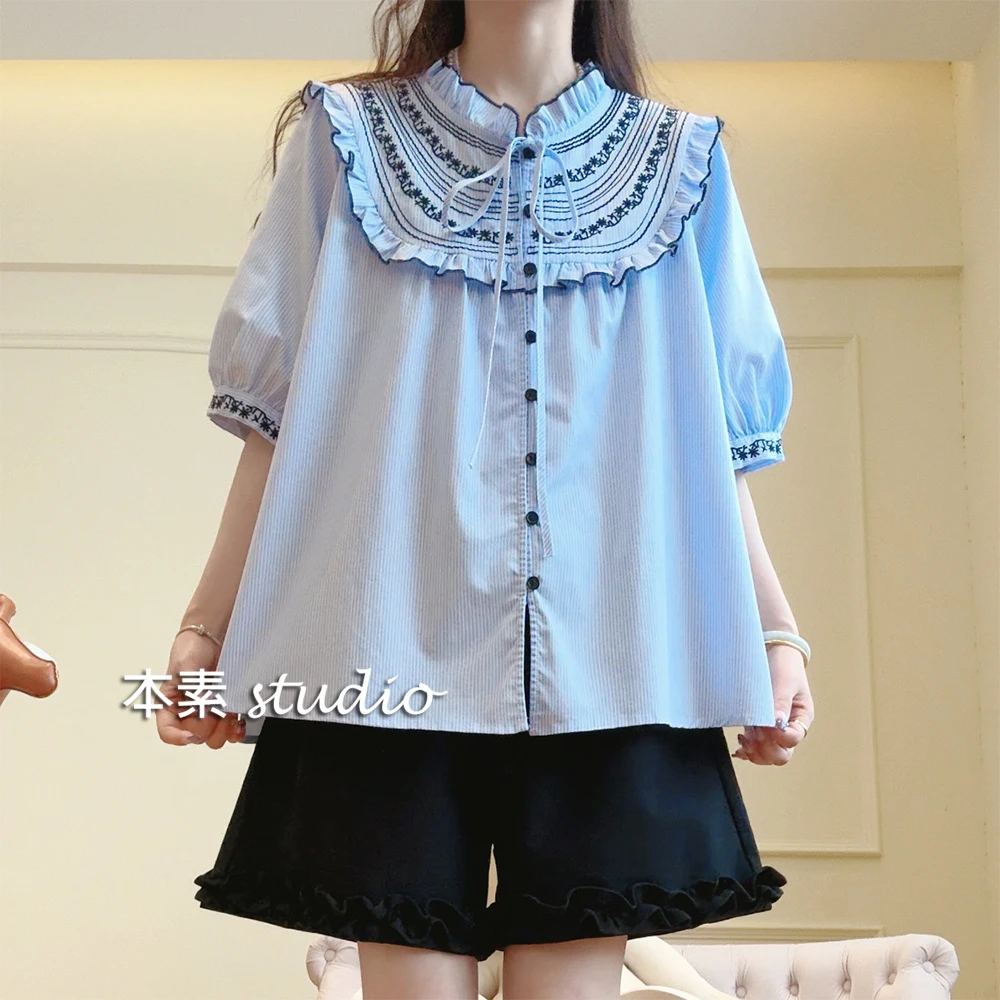 雨后小巷Y2923条纹刺绣全开扣系带木耳边立领短袖衬衫