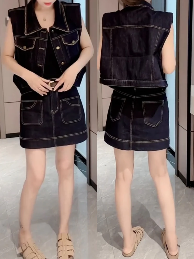 时尚明线牛仔套裙夏季新款polo领无袖洋气减龄马甲短裙显瘦两件套