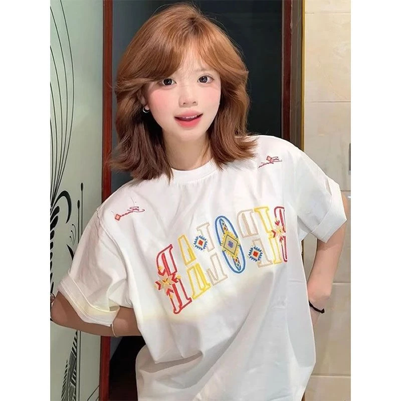 纯棉刺绣短袖t恤女2025夏季爆款美式复古ins潮流宽松百搭显瘦上衣