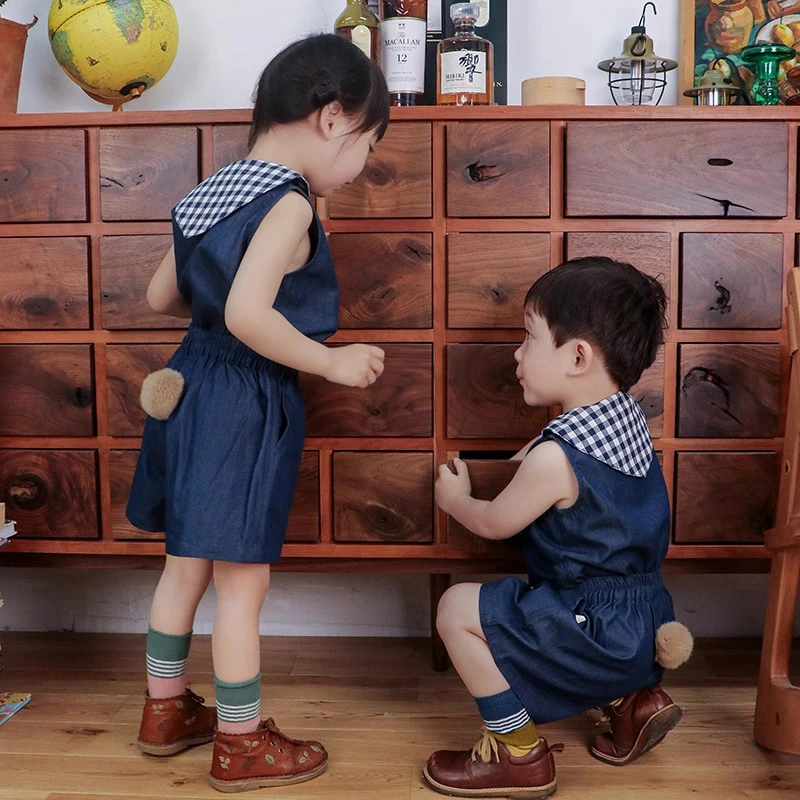 2025夏季新款海军领兔尾巴轻薄牛仔套装男女童无袖上衣短裤家居服